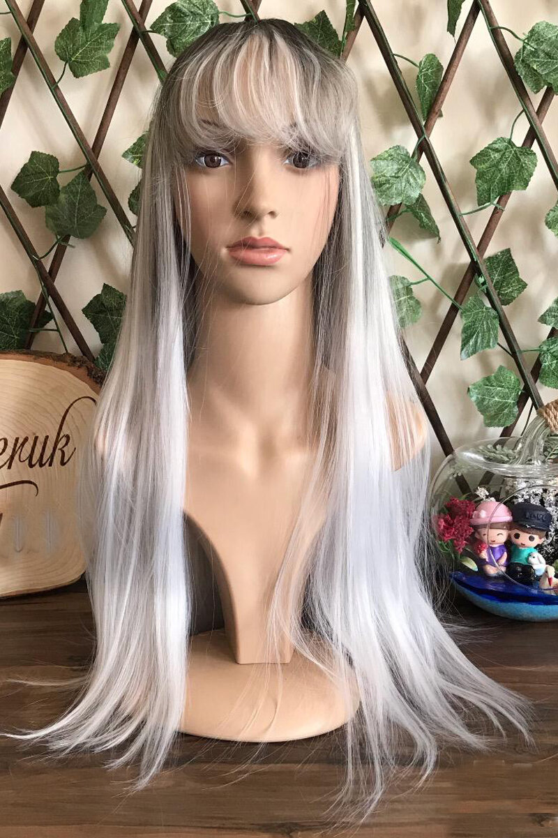 Long Forked Fiber Wig With Ashy Gray Ombre