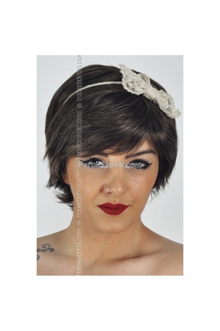 Black Short Wig with White Shade